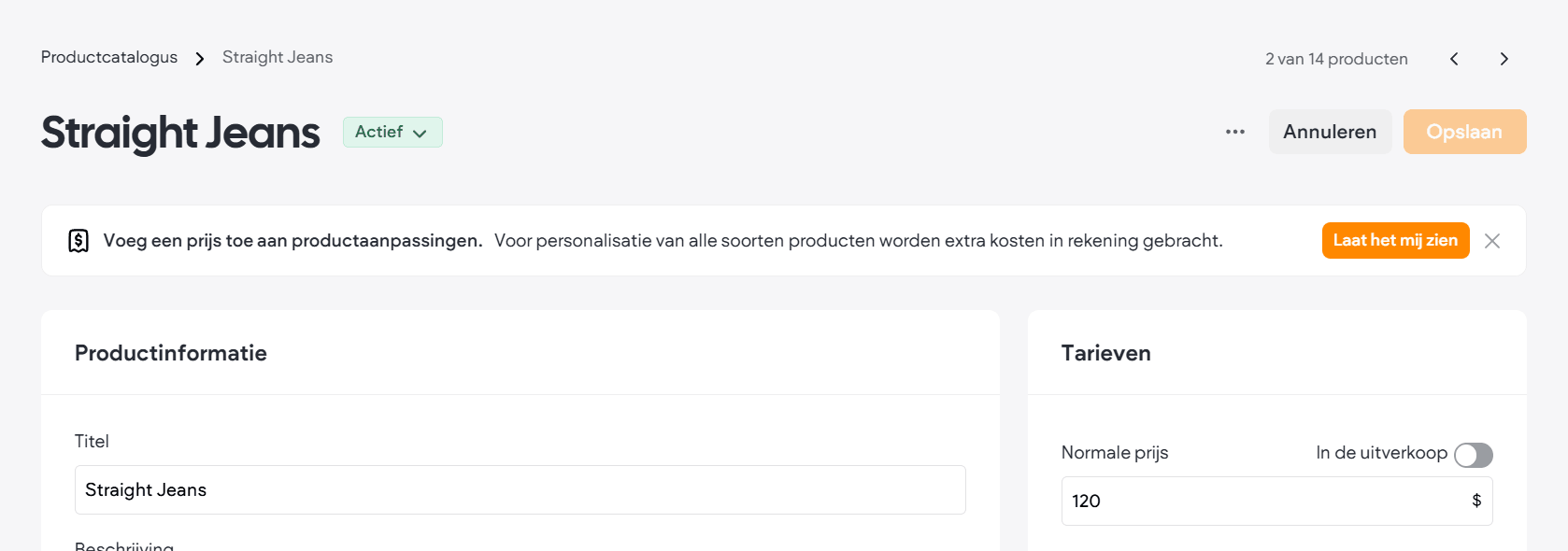 Het scherm van een product met links de titel en de beschrijving en rechts het blok Tarieven met de normale prijs.