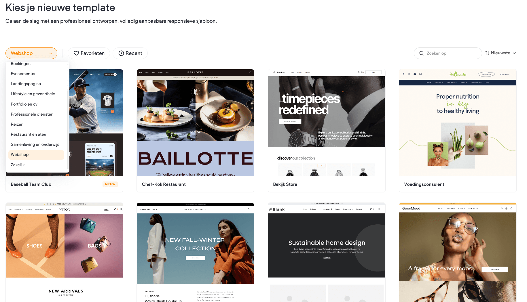 Het overzicht met sjablonen. Links een lijst met soorten websites, rechts voorbeelden van webshops.