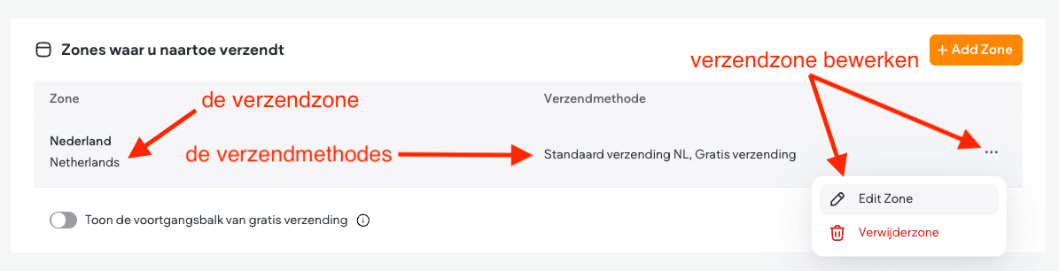 Het overzicht van verzendzones met de zone Nederland en daarachter de verzendmethoden Standaard verzending NL en Gratis verzending.