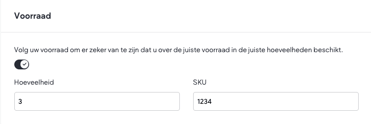 Het blok Voorraad met de schakelaar Volg uw voorraad en de velden Hoeveelheid en SKU.
