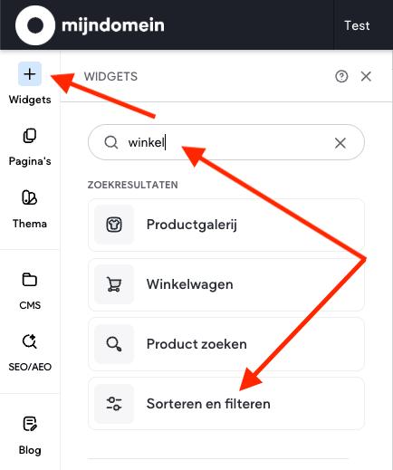 Het zoekveld in het widgetpaneel met het woord winkel. Eronder de widgets Productgalerij, Winkelwagen, Product zoeken en Sorteren en filteren.